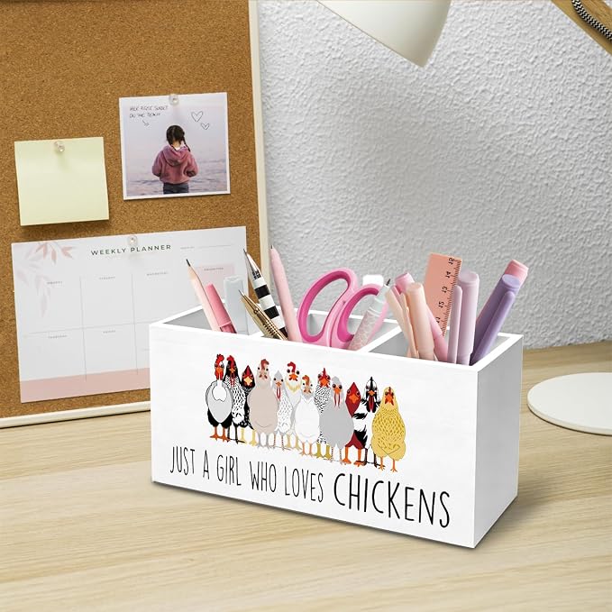 Just a Girl Who Loves Chickens Pen Holder for Desk, Chicken Lover Mom Lady Gifts Pencil Organizer, Funny Farm Rooster Hen Wooden Box Sign Desk Decor for Home Office Decoration