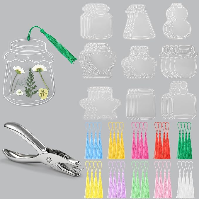 Tallew 81 Pcs DIY Dried Flower Bookmark Making Kit Include 40 Clear Transparent Bookmarks, 40 Colorful Tassels and Puncher, Handmade Craft Supplies for Women Girls Readers(Retro Style)