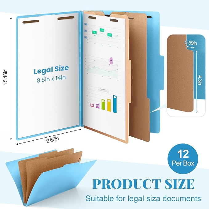 AmazingSpark 12 Pcs Legal Size Classification Folders Bulk 2 Dividers Pressboard File Folder with Expansion 2 Prongs Fastener Heavy Duty Office File Organizer for School Hospitals Home (Light Blue)