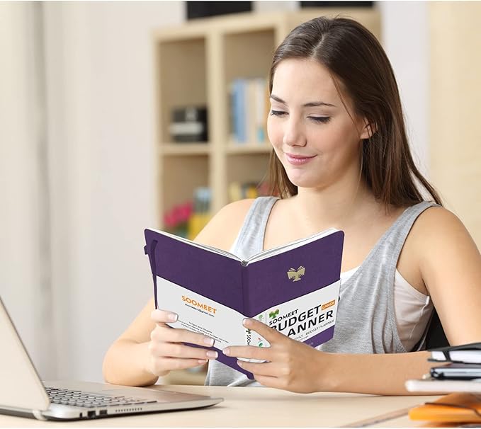 Budget Planner with Monthly Tabs - 7" x 10" Hardcover Budget Book, Monthly Bill Organizer with Pockets, Undated Finance Planner with Expense Tracker Notebook to Take Control Your Money-Purple