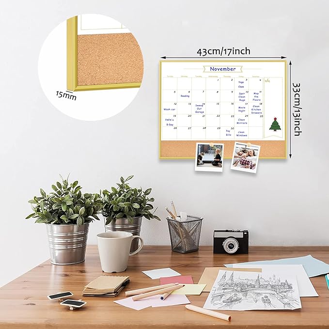 Whiteboard Calendar & Corkboard, 17" x 13" Dry Erase White Board & Bulletin Board, Gold Aluminum Frame Calendar/Cork Combo Board(ZHYL-Gold-3343-B+1)