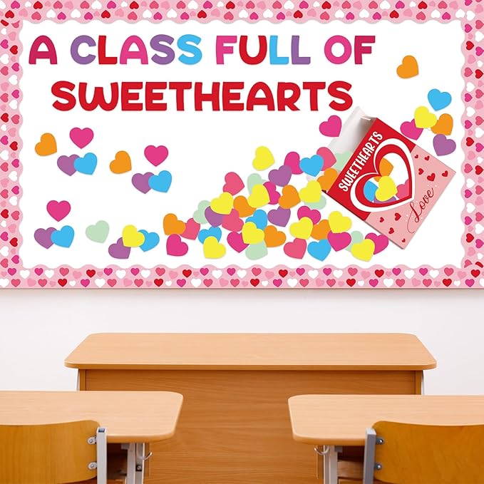 Gueevin 104 Pcs Valentine's Day Love Heart Bulletin Board Set 3D Sweetheart Box with Love Heart Stickers Decorations a Class Full of Sweethearts for Valentine's Office School Classroom Wall Decor
