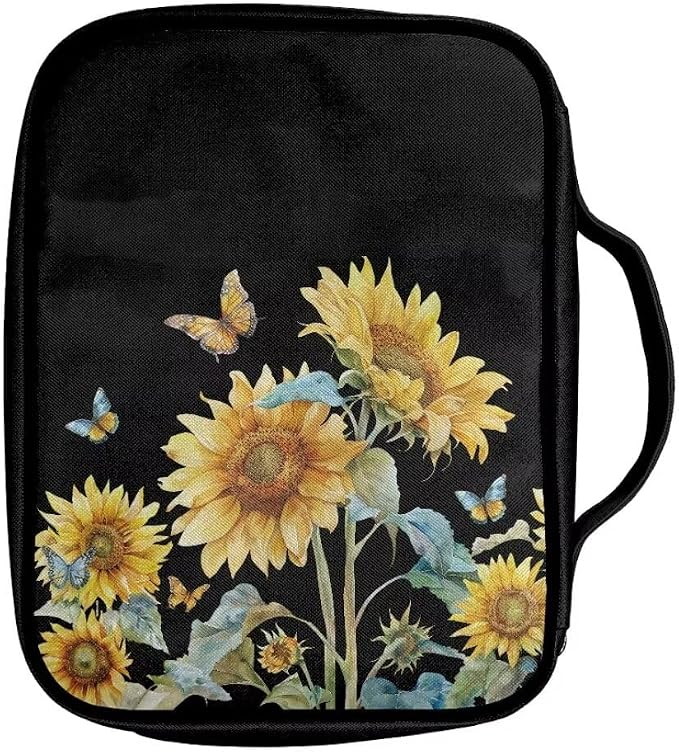 Coldinair Sunflower Bible Cover for Women Girls Butterfly Bible Case Scripture Study Carrying Book Cover Church Bag Protective with Handle and Zippered Pocket