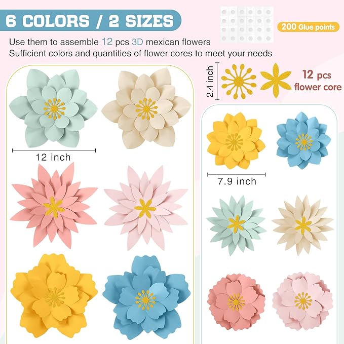 MotiMind 12 Pcs Paper Flowers Decorations for Wall DIY Paper Flowers Bulletin Board 3D Handcrafted Backdrop Decoration for Classroom Back to School Party(Morandi Color)