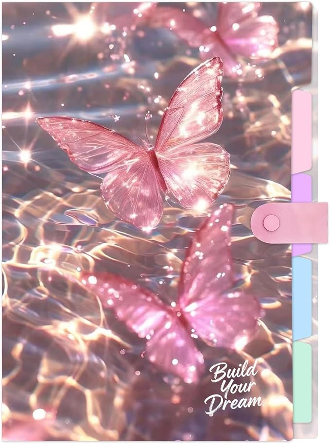 Cute Expanding File Folder - 5 Pockets Accordion Document Organizer, Waterproof Poly Plastic, A4/Letter Size for School Office Home - Butterfly Pink