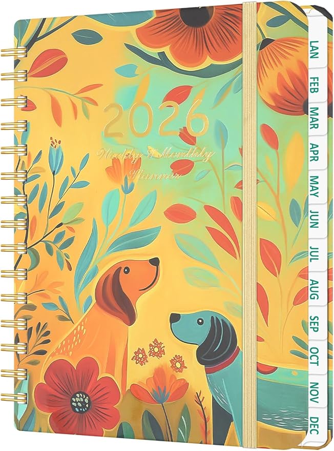 2026 Weekly and Monthly Planner - 2026 Hardcover Calendar Planner, Jan. 2026 - Dec. 2026, Daily Agenda Book with Tabs, Twin-Wire Binding, Back Pocket, School Teacher Student Supplies, A5(6.3" x 8.5") (Dog)