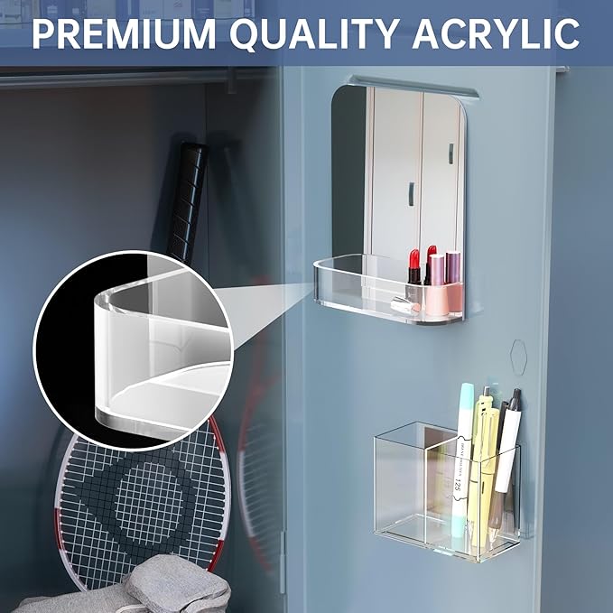 NiHome Magnetic Acrylic Locker Accessories Kit, Locker Mirror & Pen Holder Makeup Brush Holder - Eyebrow Stationery Locker Organizer with Mirror for School, Office, Gym Lockers & Home Fridge Use