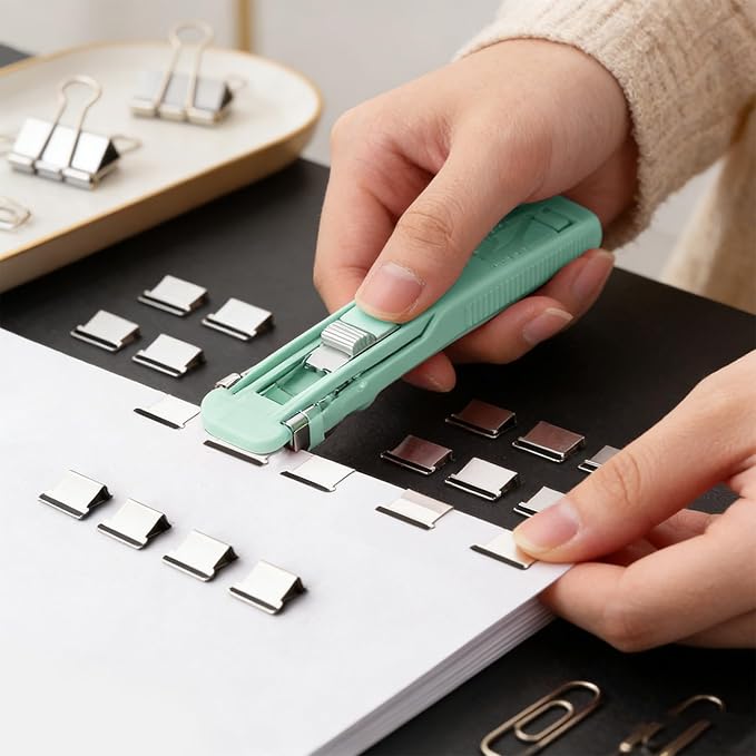Portable Binder Clip Stapler, Includes 150 Reusable Clips, Push Clip Staplers, Mini Push Stapler Clamp Staplers for Desktop Document Home School Desk Office (E#)