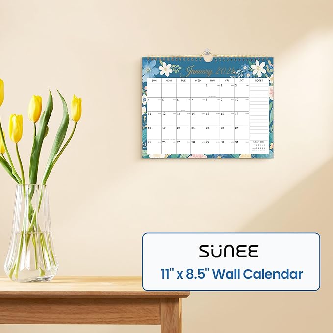 SUNEE Calendar 2026 Wall- 18 Months Wall Calendar Oct. 2025 - Mar. 2027, 11"x8.5" Horizontal Hanging Calendar with Note for Organizing & Planning, Floral