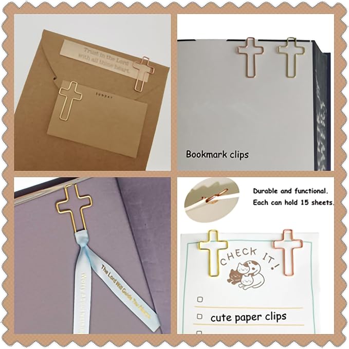 40 Pack Cross Paper Clips with Ribbons Set. 30 Rose Gold Paperclips, 10 Christian Bookmark Ribbons. Bible Study Supplies Accessories