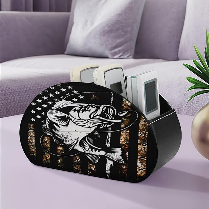 Camo Bass Fishing Remote Control Holder with 5 Compartment PU Leather Multi Functional Desk Storage for TV Remotes Office Supplies