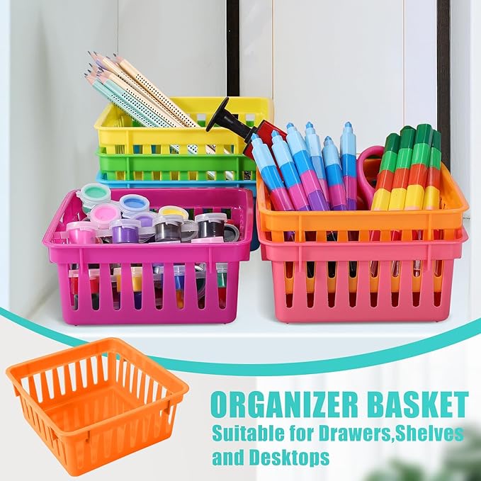 12 Pack Classroom Storage Baskets,Colorful Classroom Storage Bins,Small Plastic Organizer Basket,Crayon Pencil Containers Organizer Bins for Desk,Home,Office(4.5" L x 4.5" W x 2.5" H)
