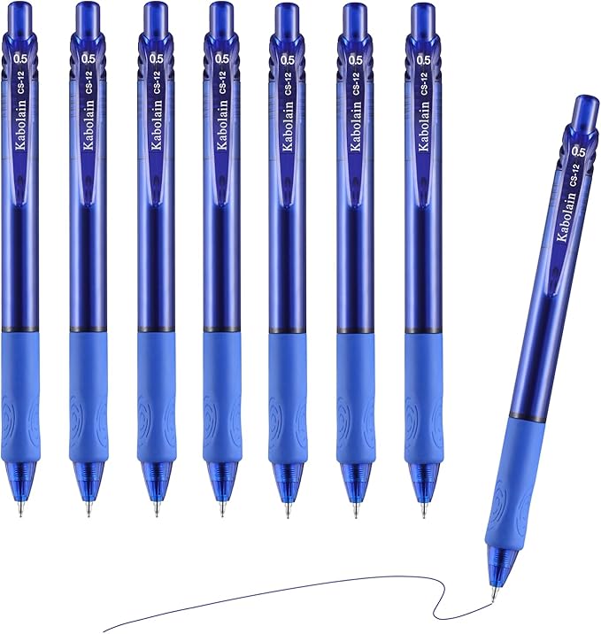 8Psc Blue Ink Gel Pens, 0.5mm Retractable Ballpoint, Fine Point Smooth Pens with Soft Grip, Office&School Supplies for Writing