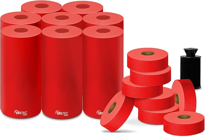 Fluorescent Red Labels for Monarch Paxar 1131 One-Line Price Gun, 1 Case, 8 Sleeves, 64 Rolls Pricemarking with 8 Ink Rolls