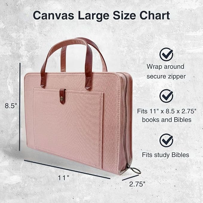 Bible Cover for Women Canvas Case with Leather Handles, Purse Style Bible Bag with Zippered Closure and Snap Pocket (Dusy Rose Pink, Large Bibles)