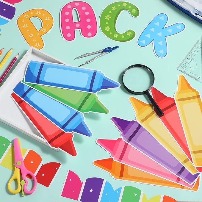 Pasimy Crayon Bulletin Board Decorations Set Welcome to Our Pack Classroom Decor Colorful Crayon Name Tags Cutouts Art Bulletin Board Border for Back to School Summer Office Home Wall Door Supplies