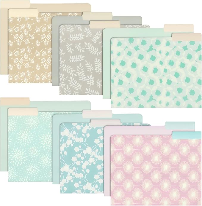 Juvale 12-Pack Cute Pastel Decorative File Folders - Letter Size (11.5 x 9.5 in) - Modern Floral Assortment & Solids - 1/3 Cut Tabs for Office Organization & School Supplies