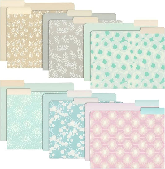 Juvale 12-Pack Cute Pastel Decorative File Folders - Letter Size (11.5 x 9.5 in) - Modern Floral Assortment & Solids - 1/3 Cut Tabs for Office Organization & School Supplies