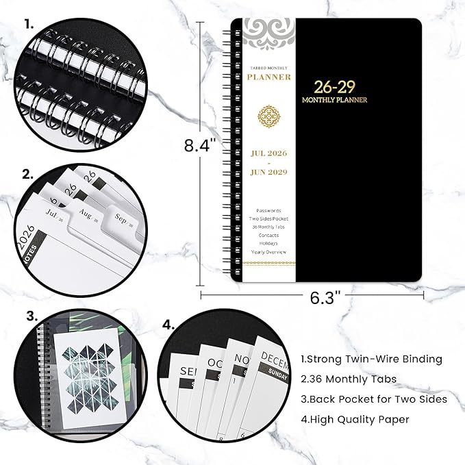2026-2029 Monthly Planner/Calendar - 3 Year Monthly Planner 2026-2029, Jul. 2026 - Jun. 2029, 6.3" x 8.4", monthly planner with Spiral Bound, Notes Pages, 36-Month Tabs, Inner Pocket, 3 Year Calendar