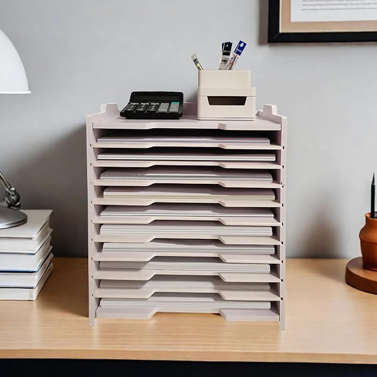 A4 Wooden Desk Letter Tray, Paper Organizer Storage with Adjustable Shelves, Stackable File Sorter for Notes, Pens, File Paper and Desk(A4&Landscape-10tray(with 9 Adjustable Shelves))