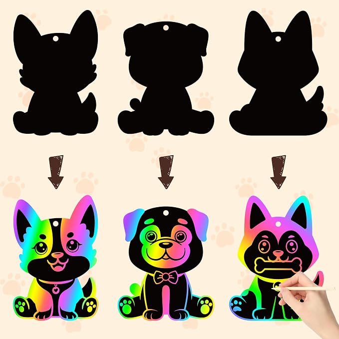 CY2SIDE Puppy Animal Color Scratch Bookmarks, DIY Dog Scratch Card for Birthday Party Decors, Puppy Dog Pet Magic Art Rainbow Color Paper Cards for Birthday Party Supplies