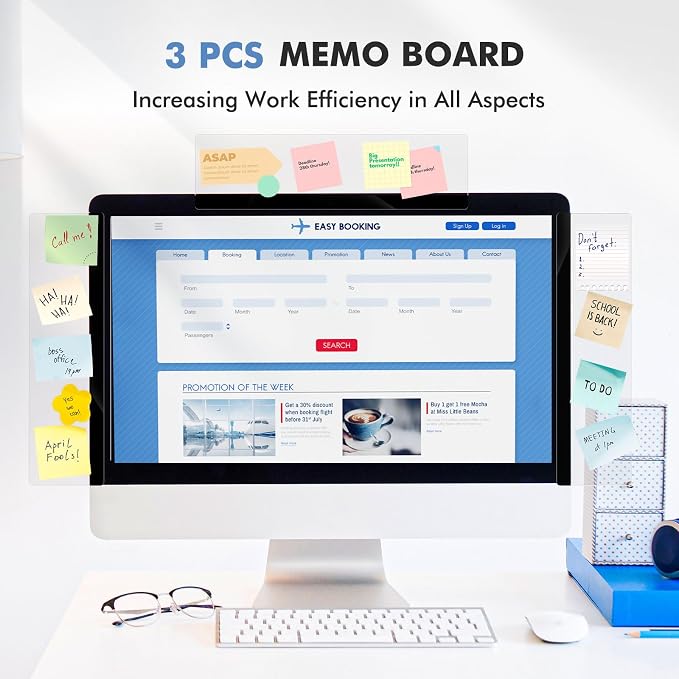 DOLLAR BOSS 3 Pcs Monitor Memo Board, 11" x 3.1" Clear Acrylic Office Desk Accessories, Computer Screen Side Note Holder Transparent Message Board for Sticky Notes Reminders & Memos, Fits PC & Laptop