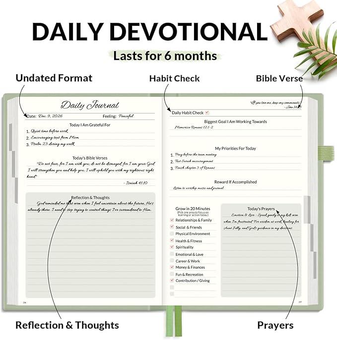SUNEE Christian Bible Study & Prayer Journal – Undated 6-Month Scripture Notebook for Daily Devotional & Faith Growth, Meaningful Religious Gift for Women, Men, Pastor or Graduation (Grey Green)