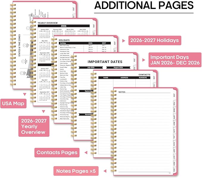2026 Planner, Weekly and Monthly Calendar Planner Book, January 2026 - December 2026, Hardcover Spiral Planner with Monthly Tabs, Notes Pages, Perfect for Women & Men, A5 (6.4" x 8.5") - Rose Red