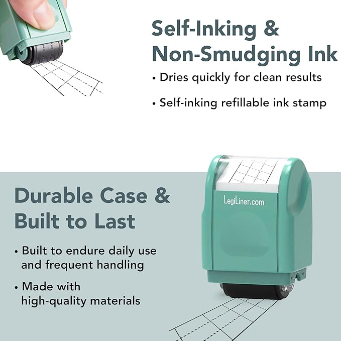 LEGILINER 3/4" Dotted Thirds Slanted Handwriting Line (Green) Teacher Stamp – Tri-Line Pattern for Calligraphy and Cursive Writing. Classroom & Home Use. Refillable Ink Writing Practice Roller Stamp.