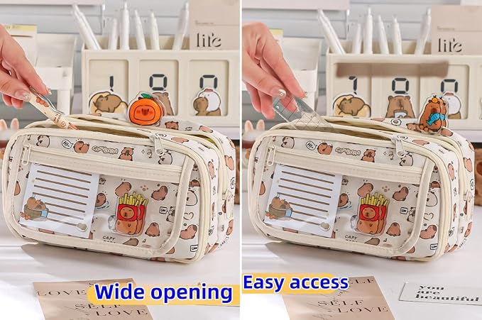 Cute Kawaii Pencil Case Pouch Cartoon Pen Box Holder Organizer for Office Workspace Supplies Desk Accessories Travel Essentials Aesthetic Trendy Cool Stuff Gift Large Capacity (White Kapibala)