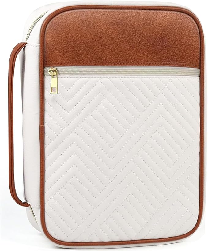 Bible Cover Case for Women, Quilted Large Handle Vegan Leather Bible Bags with Bible Study Supplies Accessories Church,Classroom,Campus,Neighborhood Association (Single White & Brown,M/L)