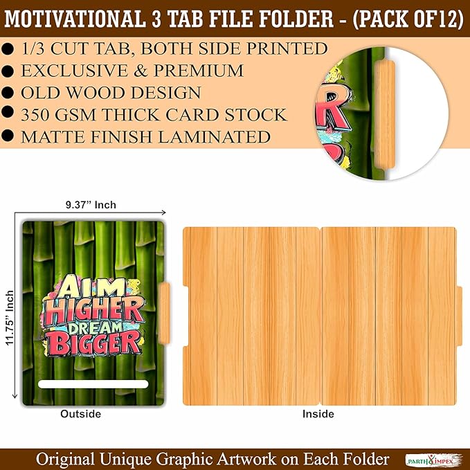 PARTH IMPEX 12 Pack Motivational File Folders, 1/3 Cut Tab with Assorted Positions, Letter Size Paper Holders (9.37” x 11.75”) Matte Finish Laminated for Office School Work - Rustic Wood Design