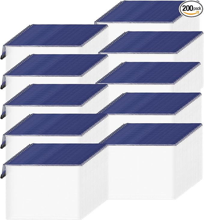 Zhehao 200 Pcs A4 Mesh Zipper Pouch Bulk Waterproof Mesh Zipper Organizer Plastic File Folder Case for School Office Supplies Document Board Games Puzzle (Blue)