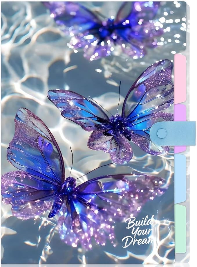 Cute Expanding File Folder - 5 Pockets Accordion Document Organizer, Waterproof Poly Plastic, A4/Letter Size for School Office Home - Butterfly Purple