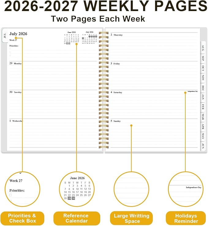 Academic Planner 2026-2027 - Weekly & Monthly Planner from July 2026 to June 2027, Agenda 2026 2027 with Inner Pocket, Elastic Band, 8.5" x 11", Blue Gold Leaf