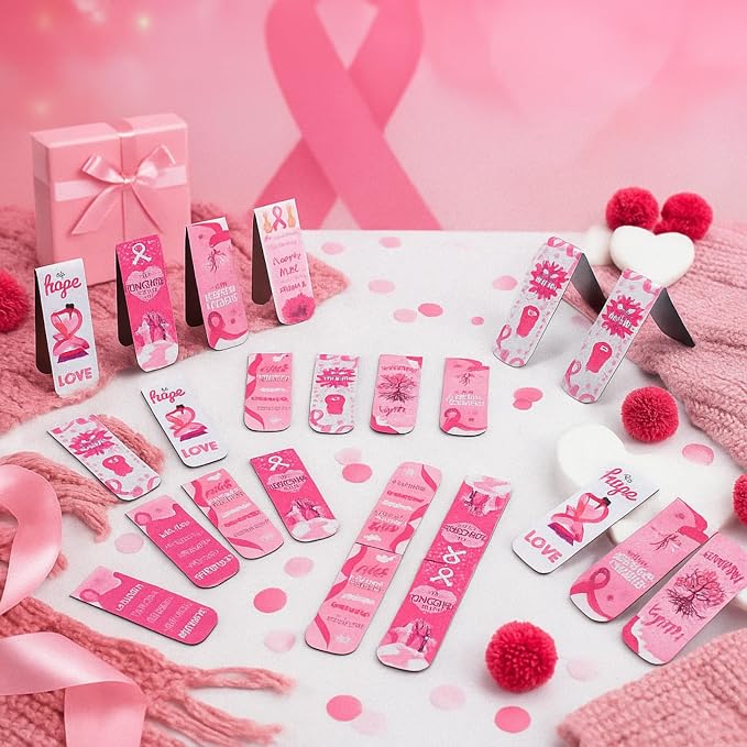 48 Pcs Breast Cancer Awareness Bulk Items Magnetic Bookmarks Pink Ribbon Accessories Book Marks Hope Butterfly Inspirational Gifts for Breast Cancer Charity Office Fundraiser Events Supplies
