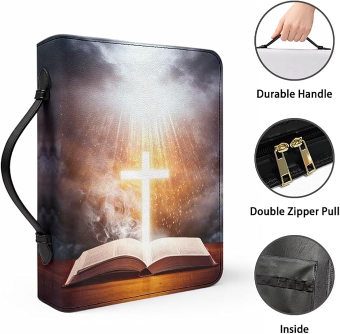 Leather Bible Cover for Girls and Women, Book Case Church Bible Protective with Handle and Zippered Pocket,Bible and Cross,X-Large