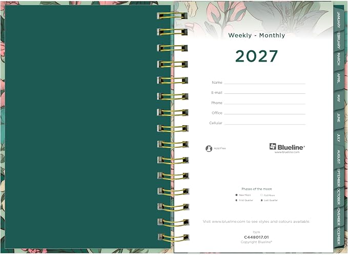 Blueline® 17-Month Weekly/Monthly Planner, August 2026 to December 2027, Four-Color Interior, Hard Cover, 8" x 5", Verdant Design (C448017.01)