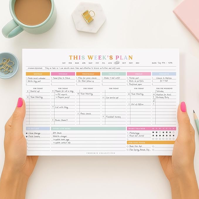 ThreeKin Weekly Planner - Premium 52-Sheet Tear-Off Notepad, 6 x 9 inches, Clean Colorful Design, Perfect for Work, School, Projects, and Entrepreneurs, Female & USA Owned Business