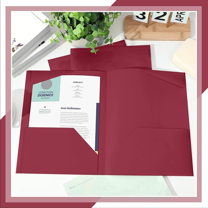 Henoyso 36 Pack Dark Red Plastic Folders with Clear Front Pockets Heavy Duty File Folders with 2 Pockets and Card Slot for Student Communication School Office Presentation Report