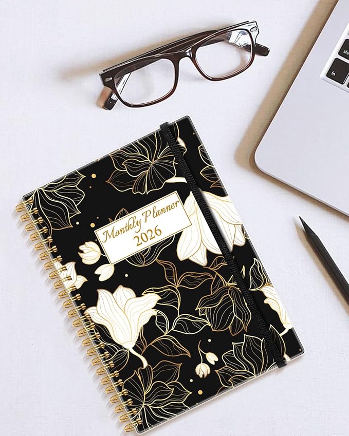 Monthly Planner 2026 - Monthly Calendar from January 2026 to December 2026, 2026 Planner with Inner Pocket, Elastic Band, 5.8" x 8.5", White Gold Flower