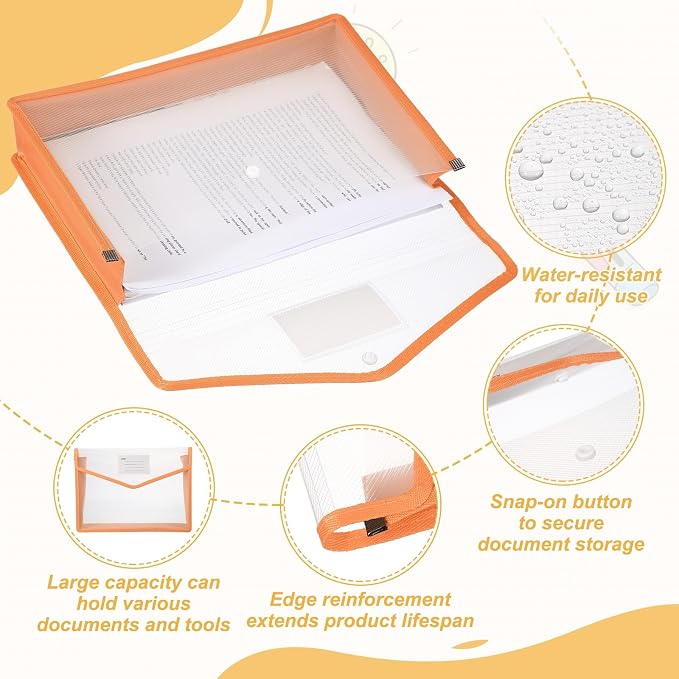 PATIKIL Plastic Expanding File Folders, 2 Pack A4 File Folder Envelopes Letter Size Document Organizer Supplies with Snap Closure for Classroom Office, Orange, Horizontal