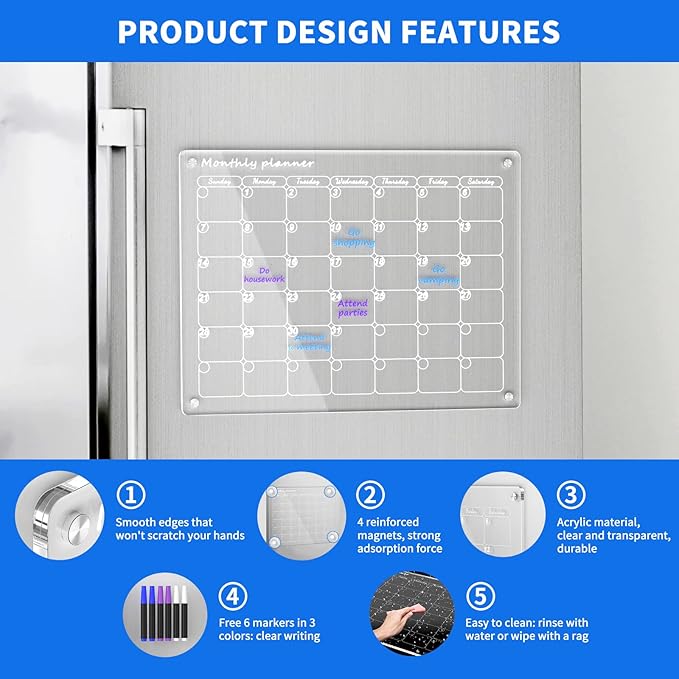 AITEE Acrylic Magnetic Dry Erase Board Calendar for Fridge, 16"x12" Inches Clear Monthly Planner for Refrigerator Includes 6 Dry Erase Markers with 3 Colors