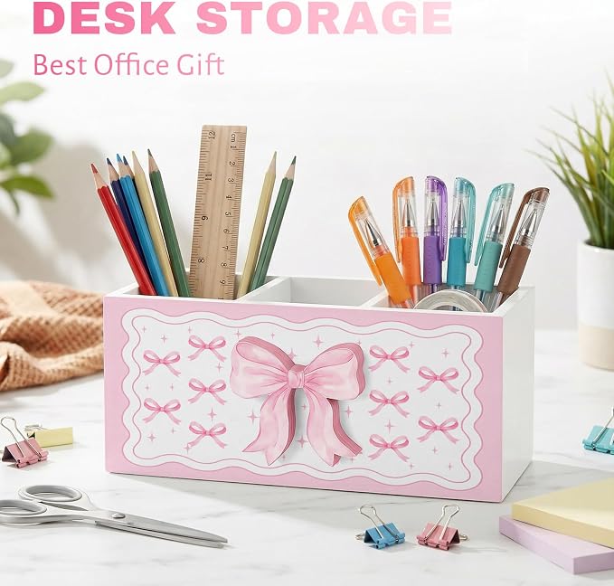 Pink Bow Pen Pencil Holder for Office Desk Pink Bow Office Decor Wooden Coquette Organizer Desktop Decor Gift for Girls Cute Makeup Brush Toothbrush Holder for Bathroom Desk Accessories