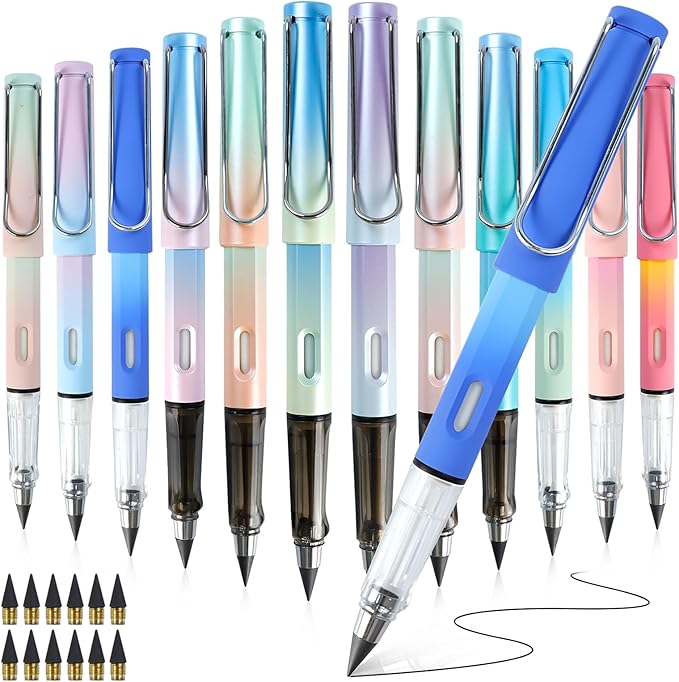12Pcs Everlasting Pencils with 12 Replacement Tips, Reusable Infinity Pencil with Eraser, Inkless Pencil Eternal pencil for Writing, Forever Pencil for Student Sketching Office Supplies