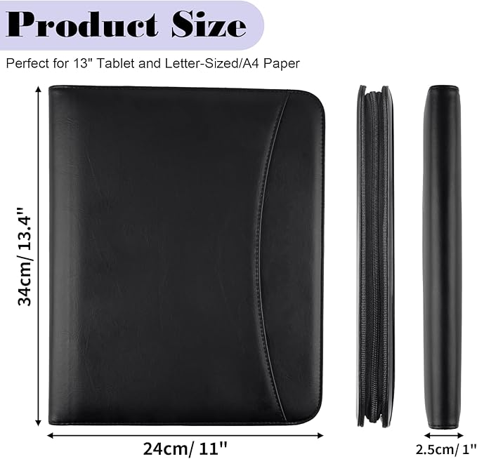 Leather Padfolio Portfolio Binder Organizer, with 25 Pages Notepad & 13" Tablet Sleeve, Professional Conference Meeting Business Zipper Folder for Letter Size A4 Legal Writing Pad Document Men Women