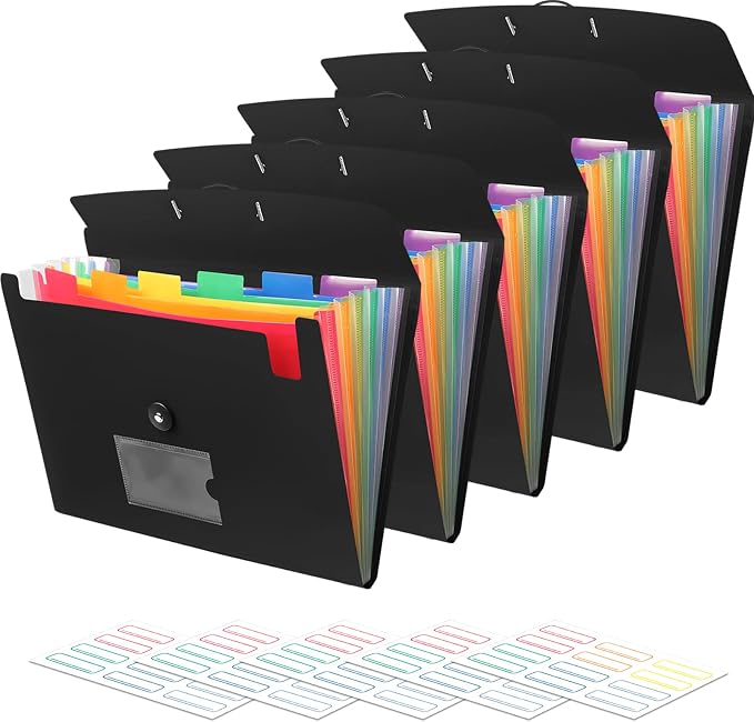 Accordian File Organizer 7 Pocket Expanding File Folder with Labels, Plastic Expandable File Folder for Documents Letter Size A4 Papers - 5-Pack Black