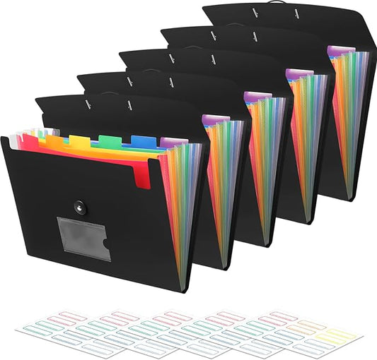 Accordian File Organizer 7 Pocket Expanding File Folder with Labels, Plastic Expandable File Folder for Documents Letter Size A4 Papers - 5-Pack Black