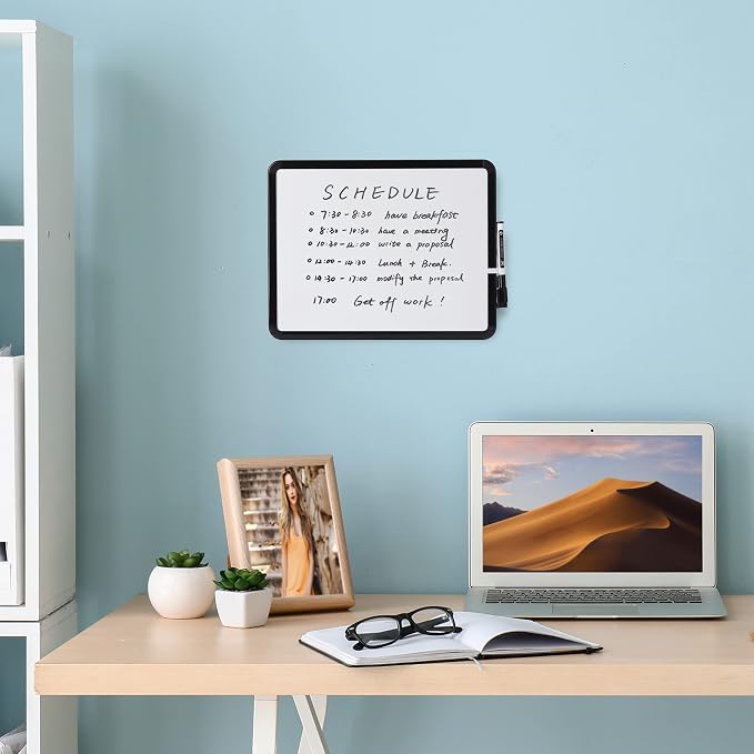 Mr. Pen- Dry Erase Board, 14” x 11” with a Black Dry Erase Marker, Black Frame, Small Mini White Board for Students, Fridge, Wall, Locker, Includes Double Sided Tapes