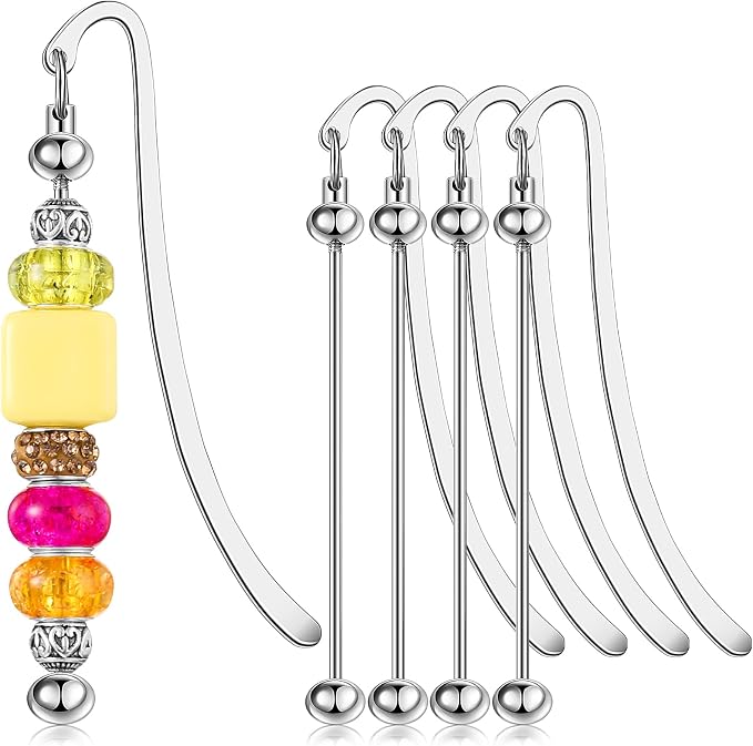 Dunzoom 4 Pcs Beadable Bookmarks DIY Metal Blank Bar Modern Bookmark Craft Jewelry Pendant Charm Gift for Book Lovers Student Teacher Office Supplies(Classic)